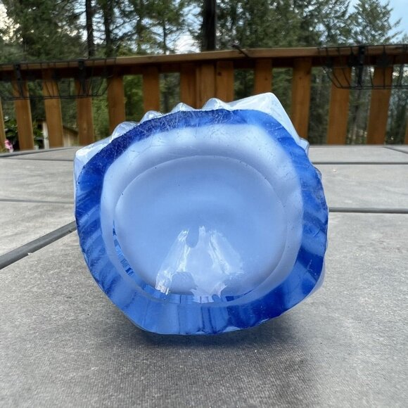 Vintage Blue, White & Clear Finger Hand Blown Swung Glass Vase height 8 inch - Picture 6 of 6